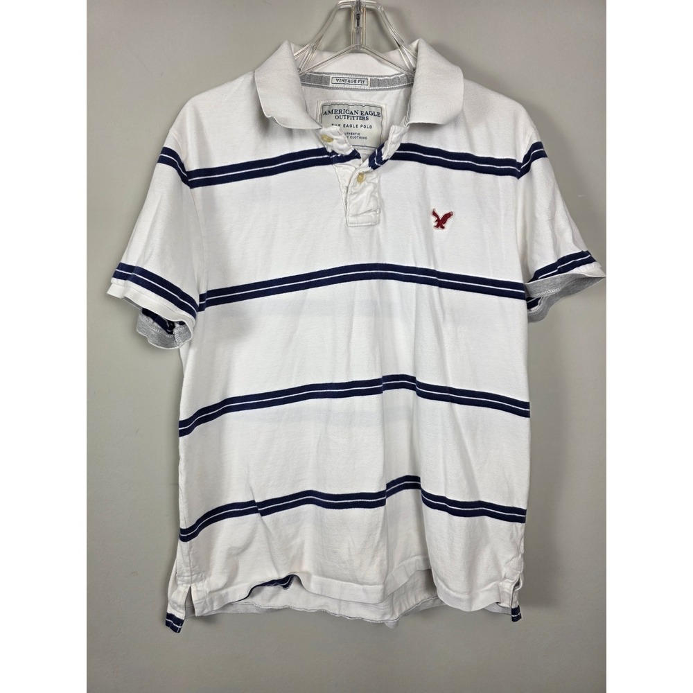 American Eagle AE Polo Mens XL White and Blue Stripe Vtg Fit Cotton Nautical‎